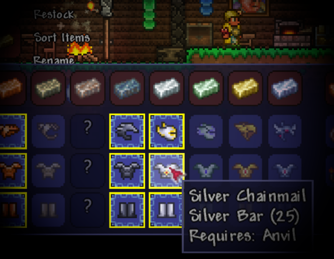 Crafting Info Panel showing armor progression with tabs for different equipment types