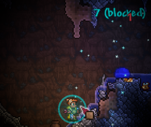 Player being hit with a circle shield absorbing damage, showing (blocked) combat text.